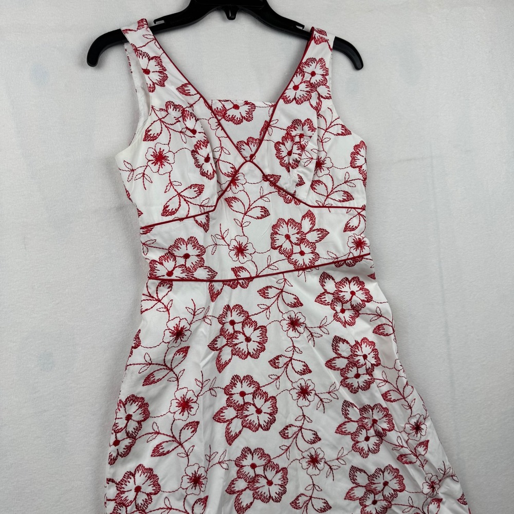 Mica Vintage White Dress Red‎ Floral Embroidered Sleeveless V Neck Summer Party - Picture 2 of 8